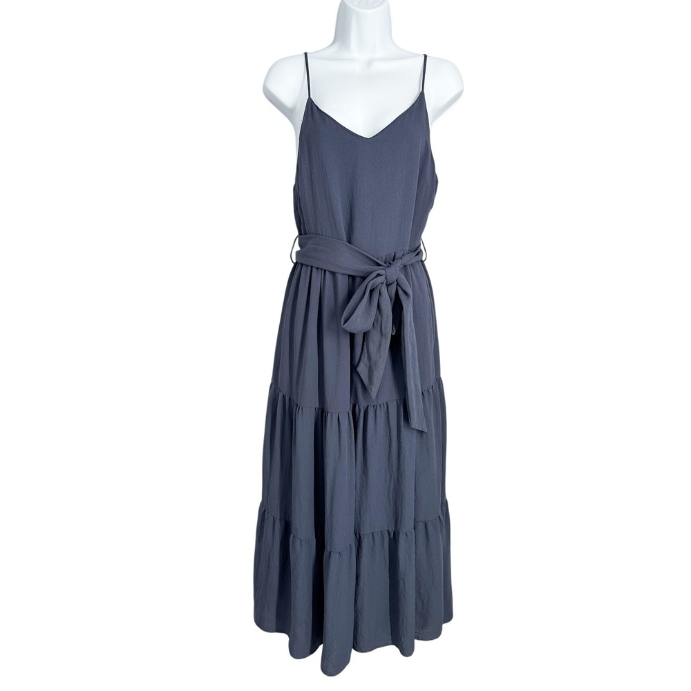 Moon River Spaghetti Strap Navy Gray Tiered Tie Waist Maxi Dress Size Small